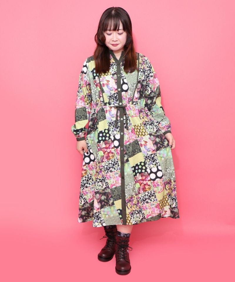 パッチワーク風総柄ドロスト前開きワンピース-2