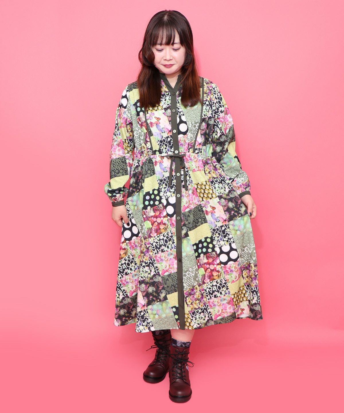 パッチワーク風総柄ドロスト前開きワンピース-2