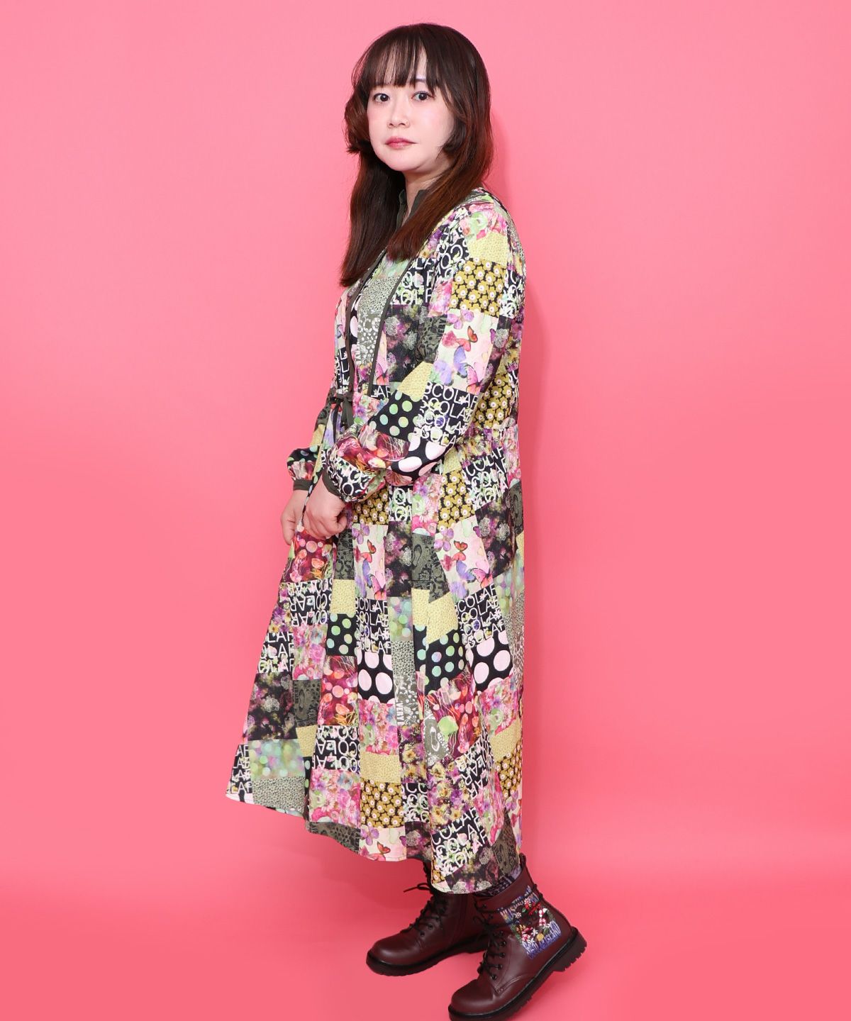 パッチワーク風総柄ドロスト前開きワンピース-3