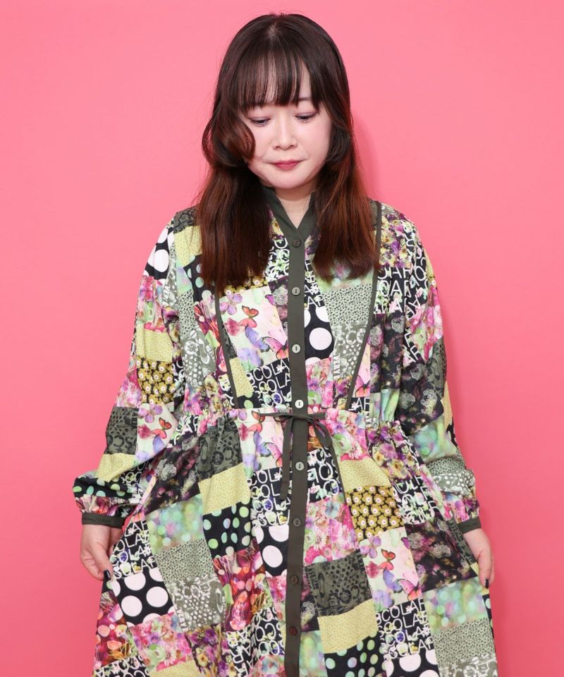 153676：パッチワーク風総柄ドロスト前開きワンピースの通販-ScoLar