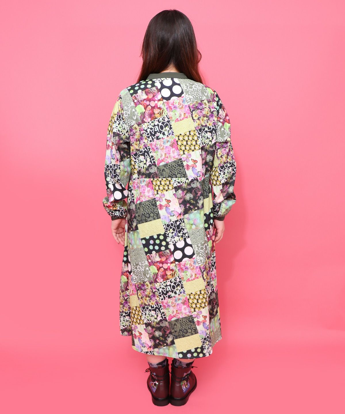 パッチワーク風総柄ドロスト前開きワンピース-5