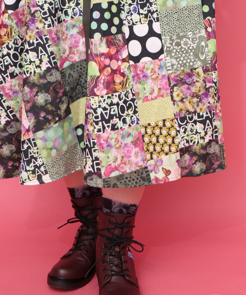 パッチワーク風総柄ドロスト前開きワンピース-7