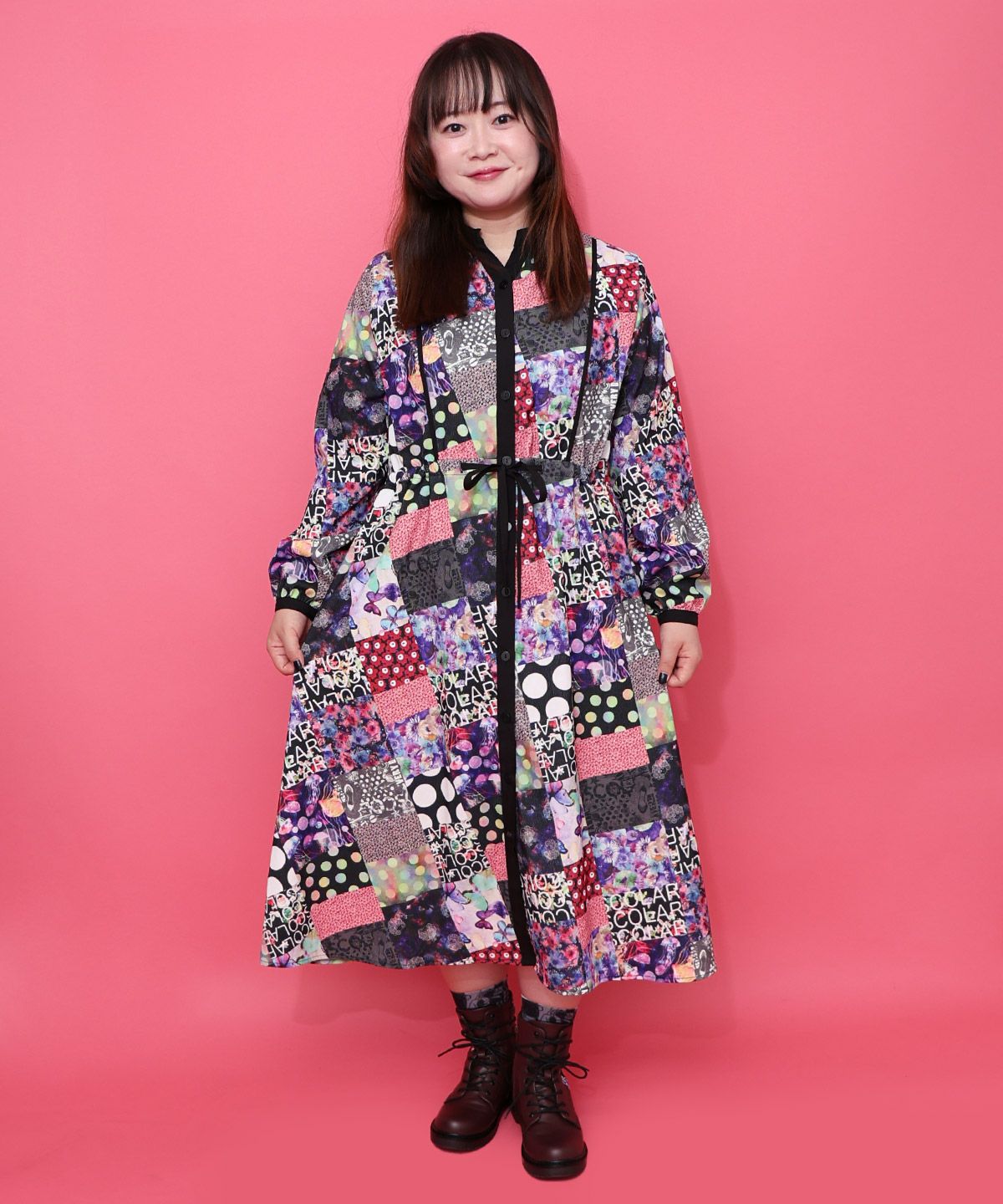 パッチワーク風総柄ドロスト前開きワンピース-8