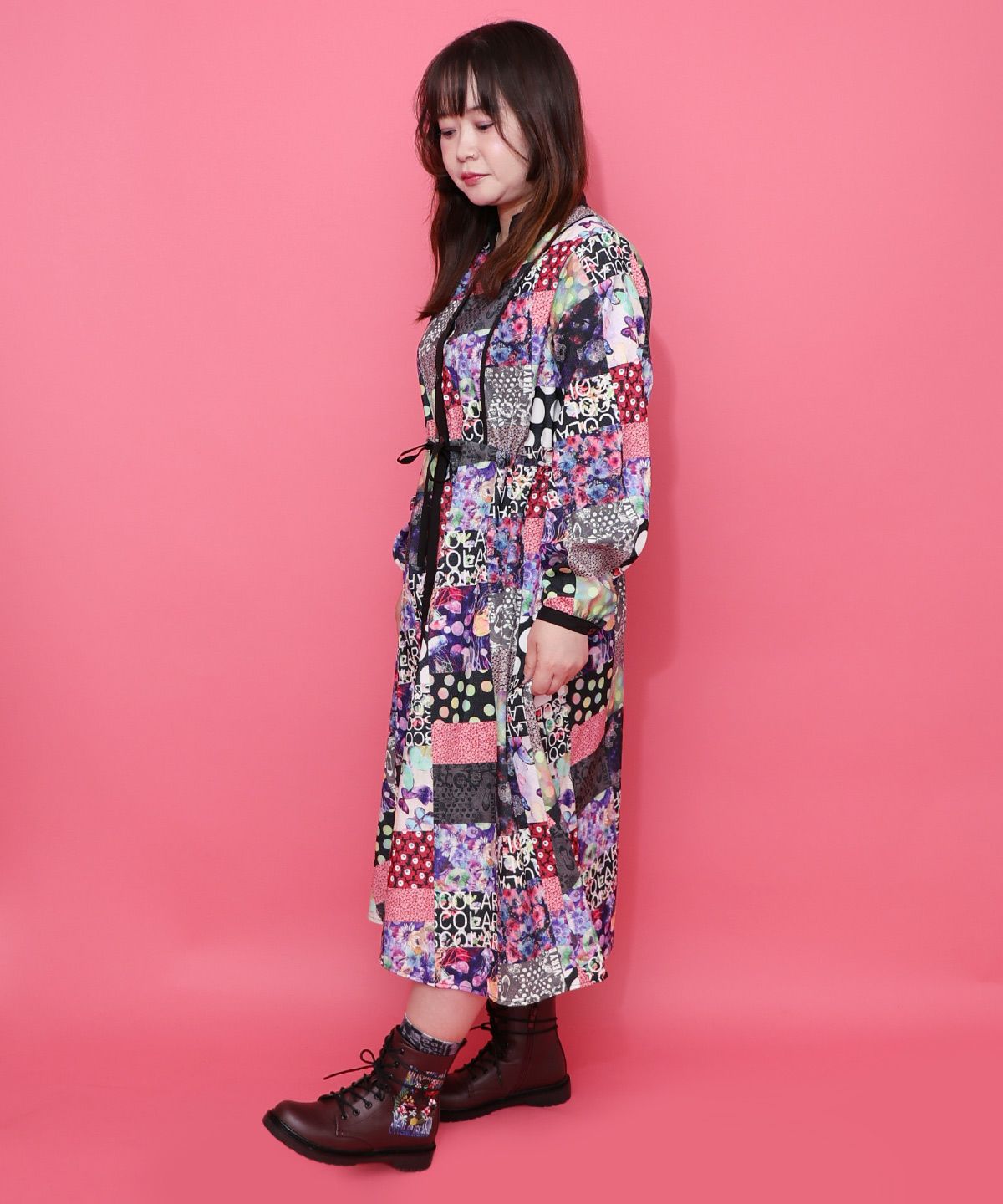 パッチワーク風総柄ドロスト前開きワンピース-9