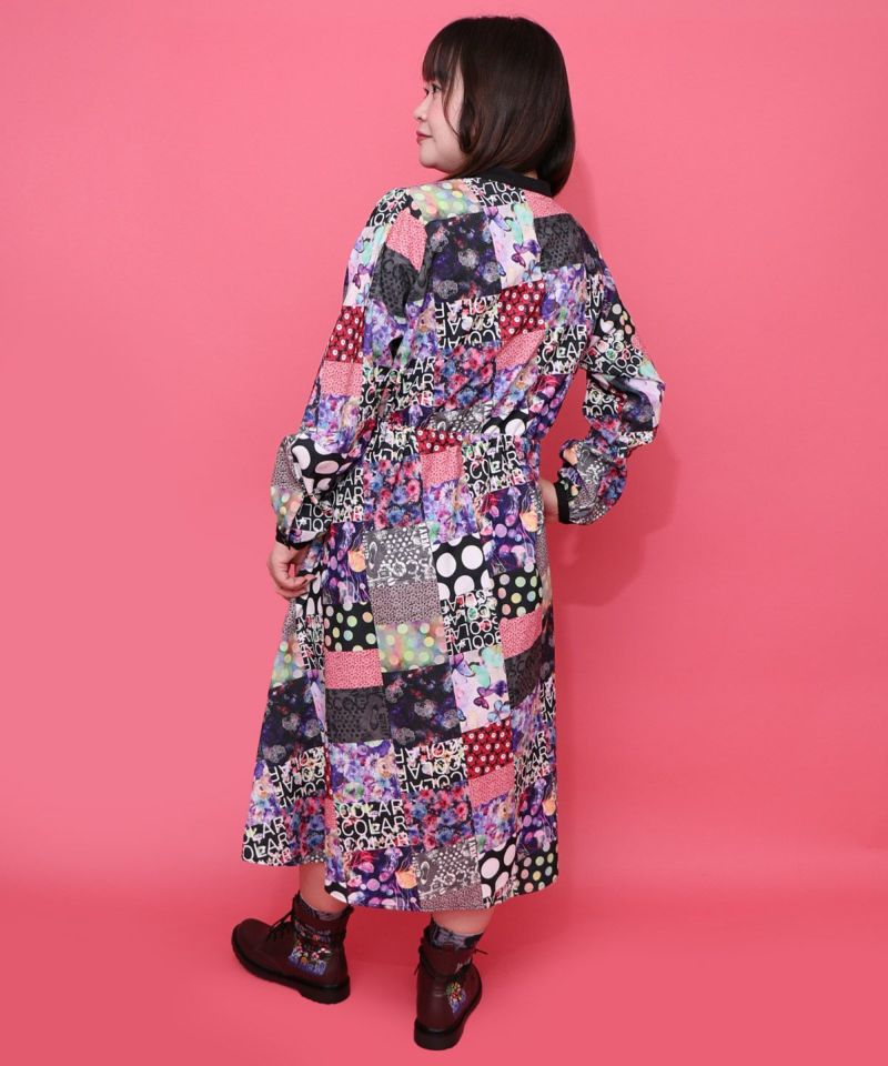パッチワーク風総柄ドロスト前開きワンピース-11