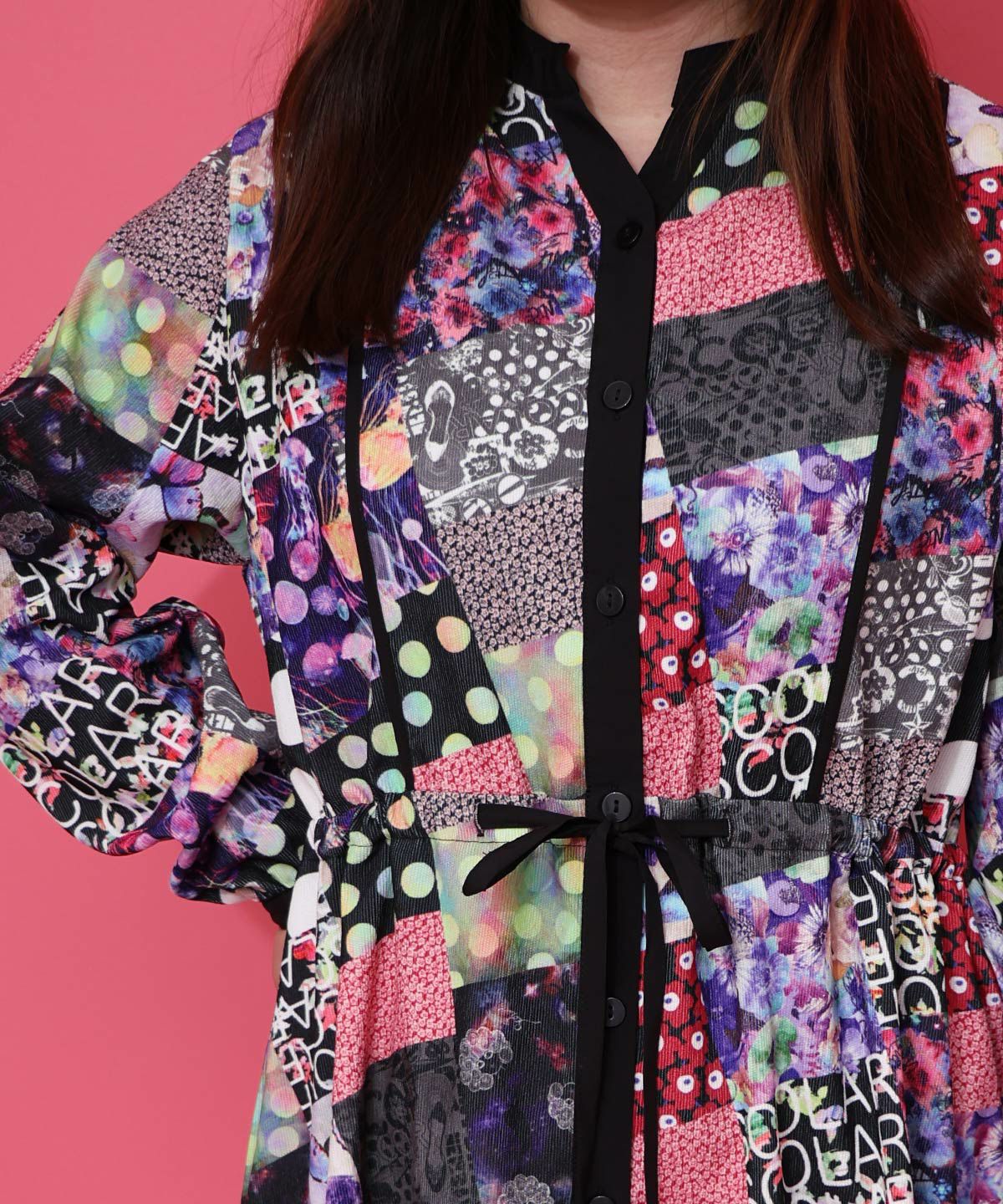 パッチワーク風総柄ドロスト前開きワンピース-12