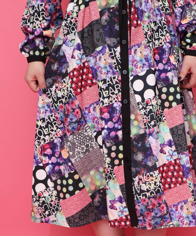 パッチワーク風総柄ドロスト前開きワンピース-13