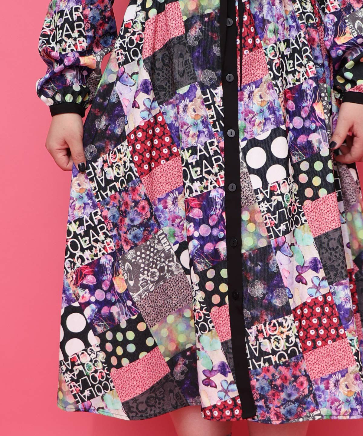 パッチワーク風総柄ドロスト前開きワンピース-13