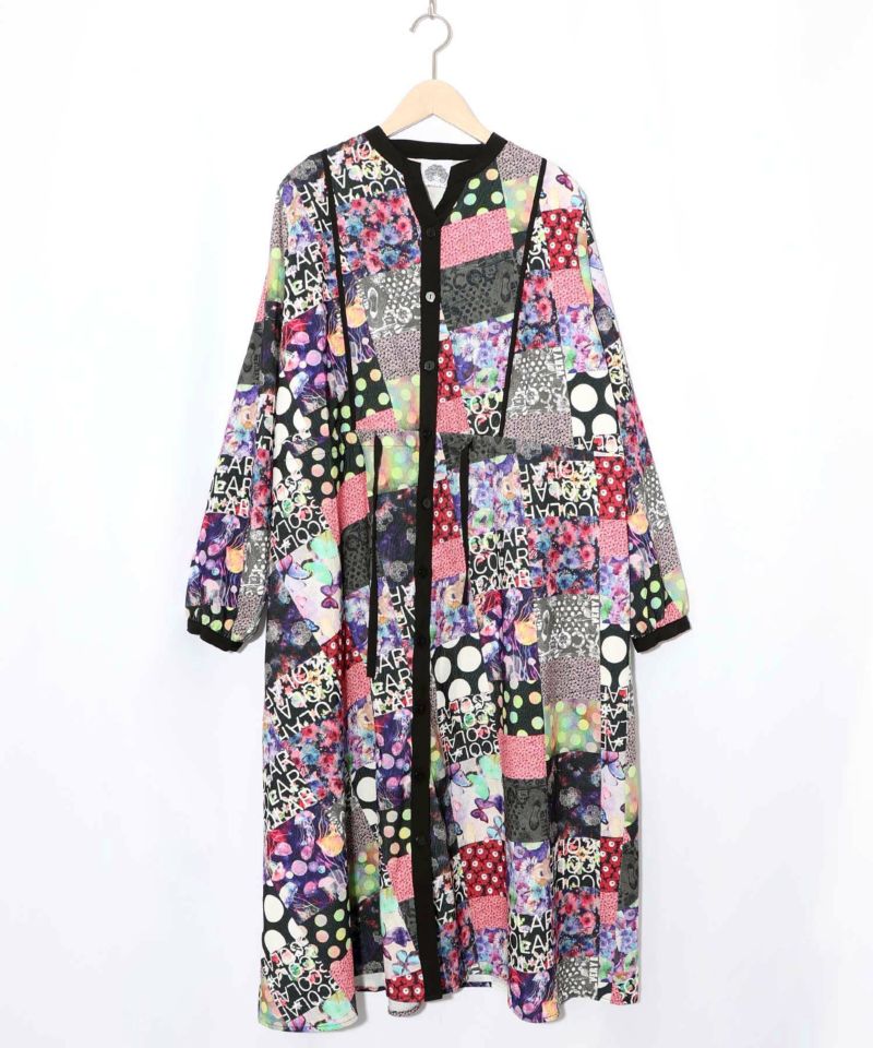 パッチワーク風総柄ドロスト前開きワンピース-14