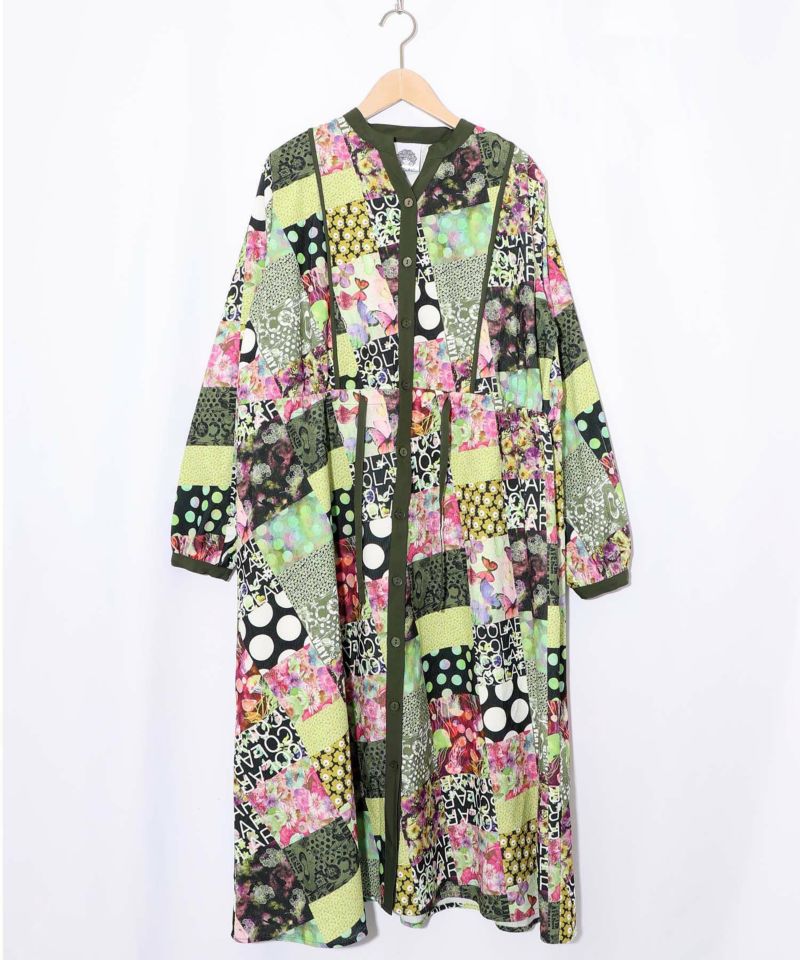 パッチワーク風総柄ドロスト前開きワンピース-16