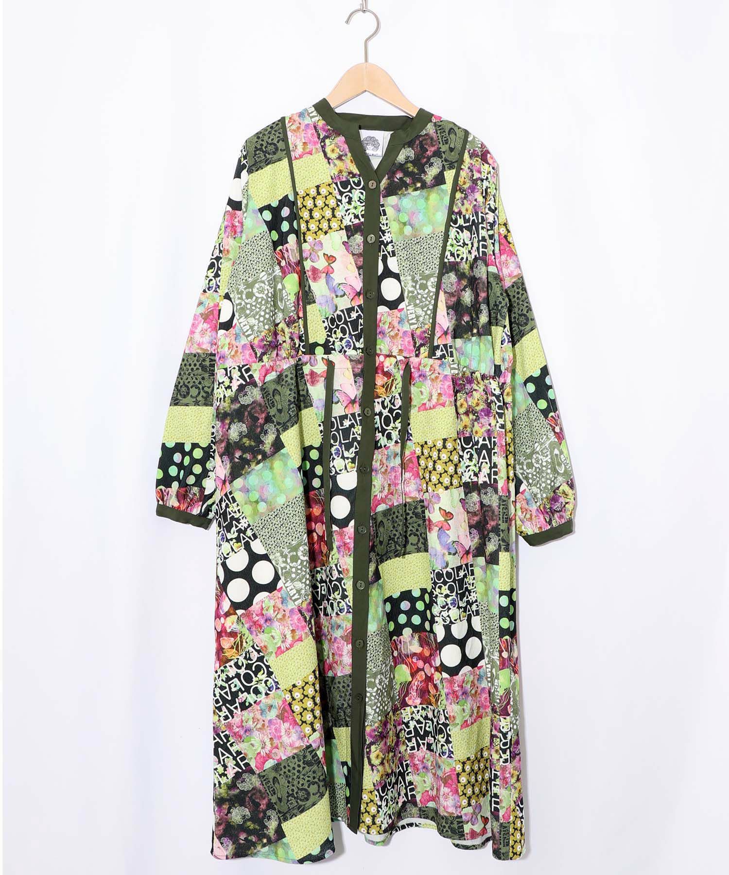 パッチワーク風総柄ドロスト前開きワンピース-16