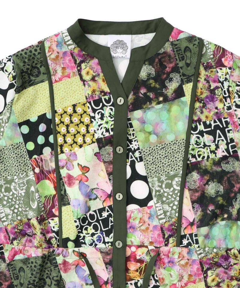 パッチワーク風総柄ドロスト前開きワンピース-18