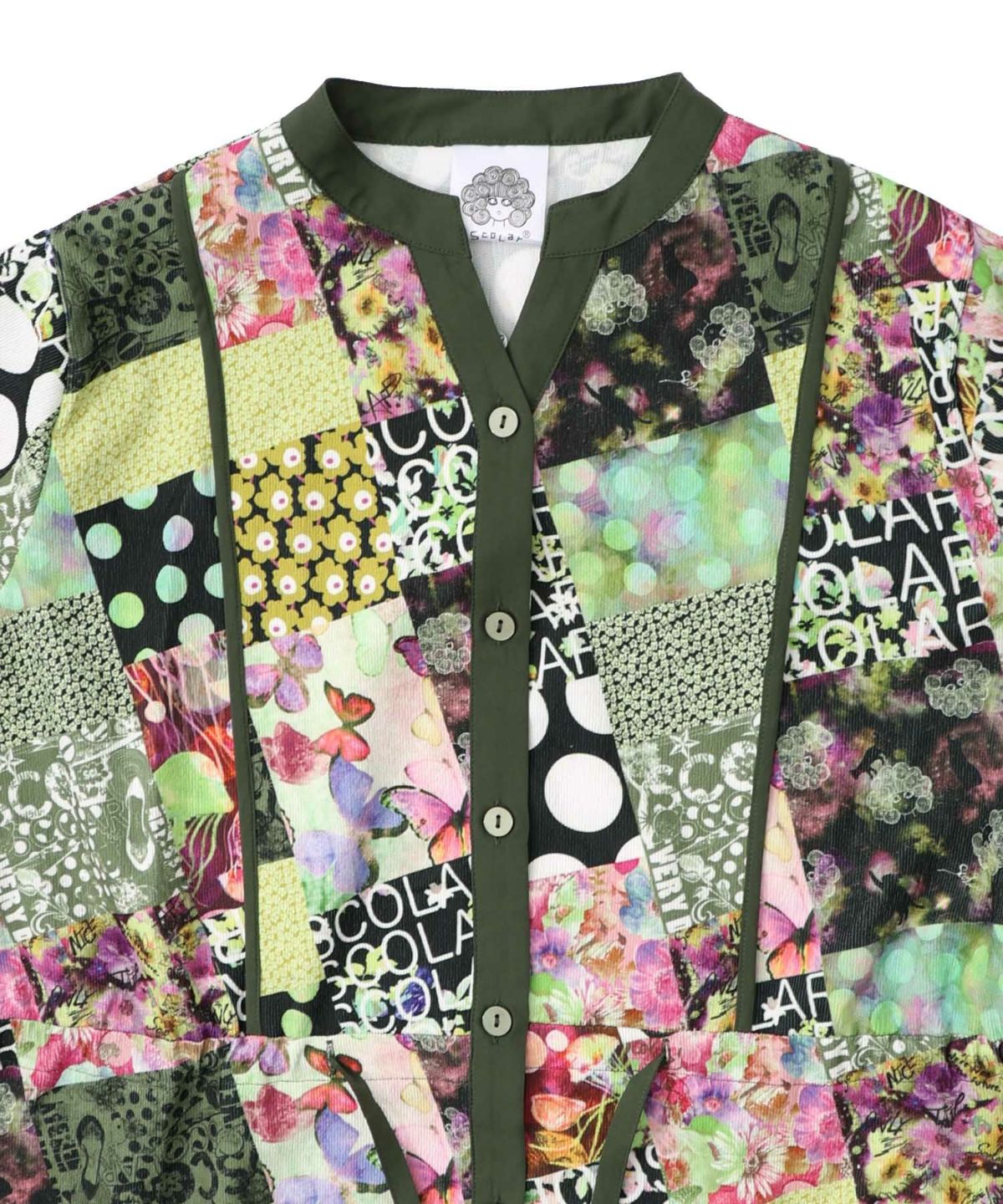 パッチワーク風総柄ドロスト前開きワンピース-18