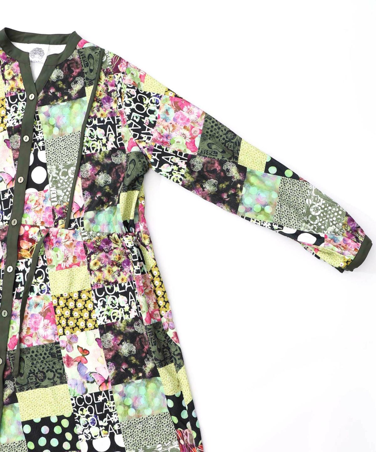 パッチワーク風総柄ドロスト前開きワンピース-19