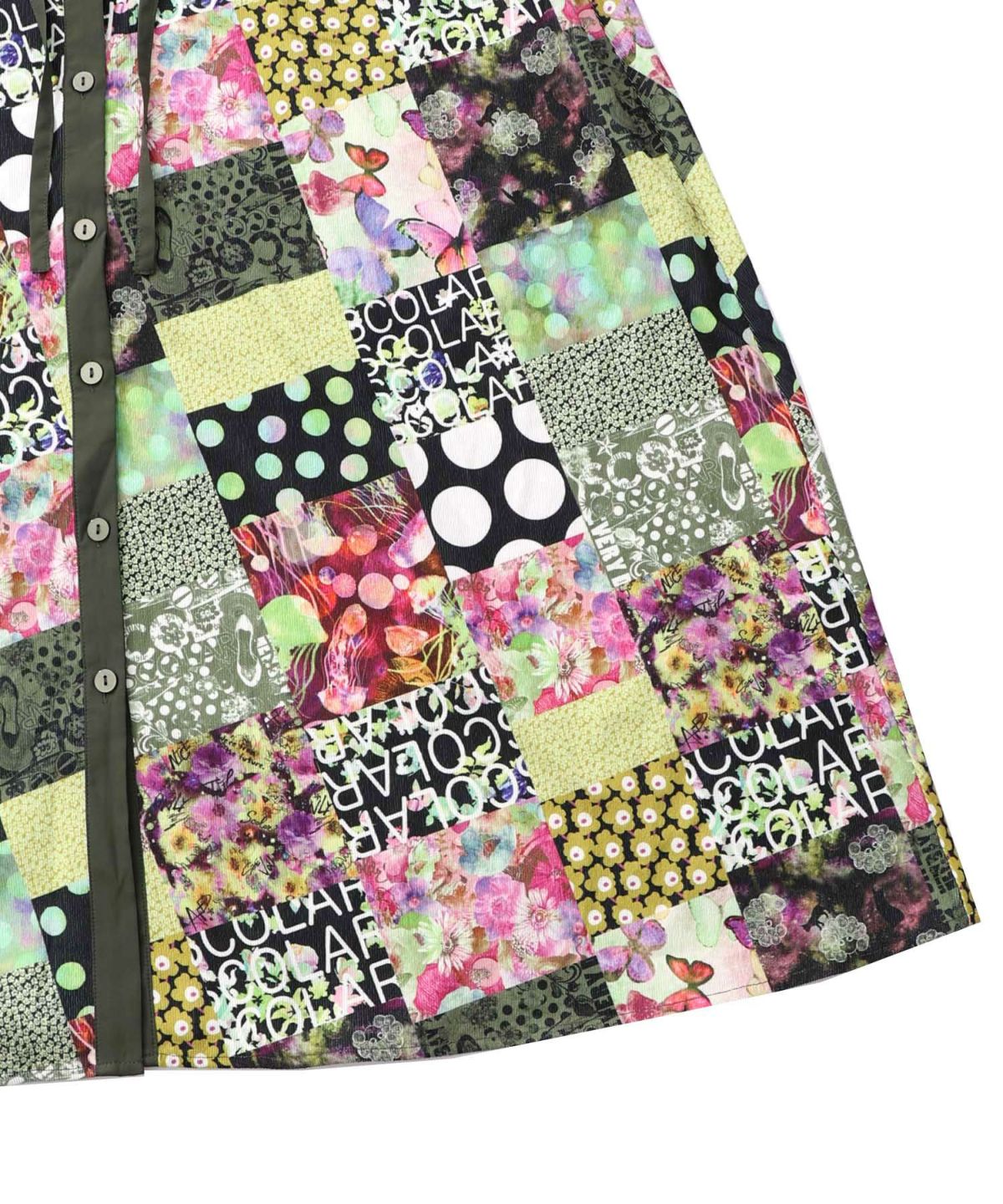 パッチワーク風総柄ドロスト前開きワンピース-21