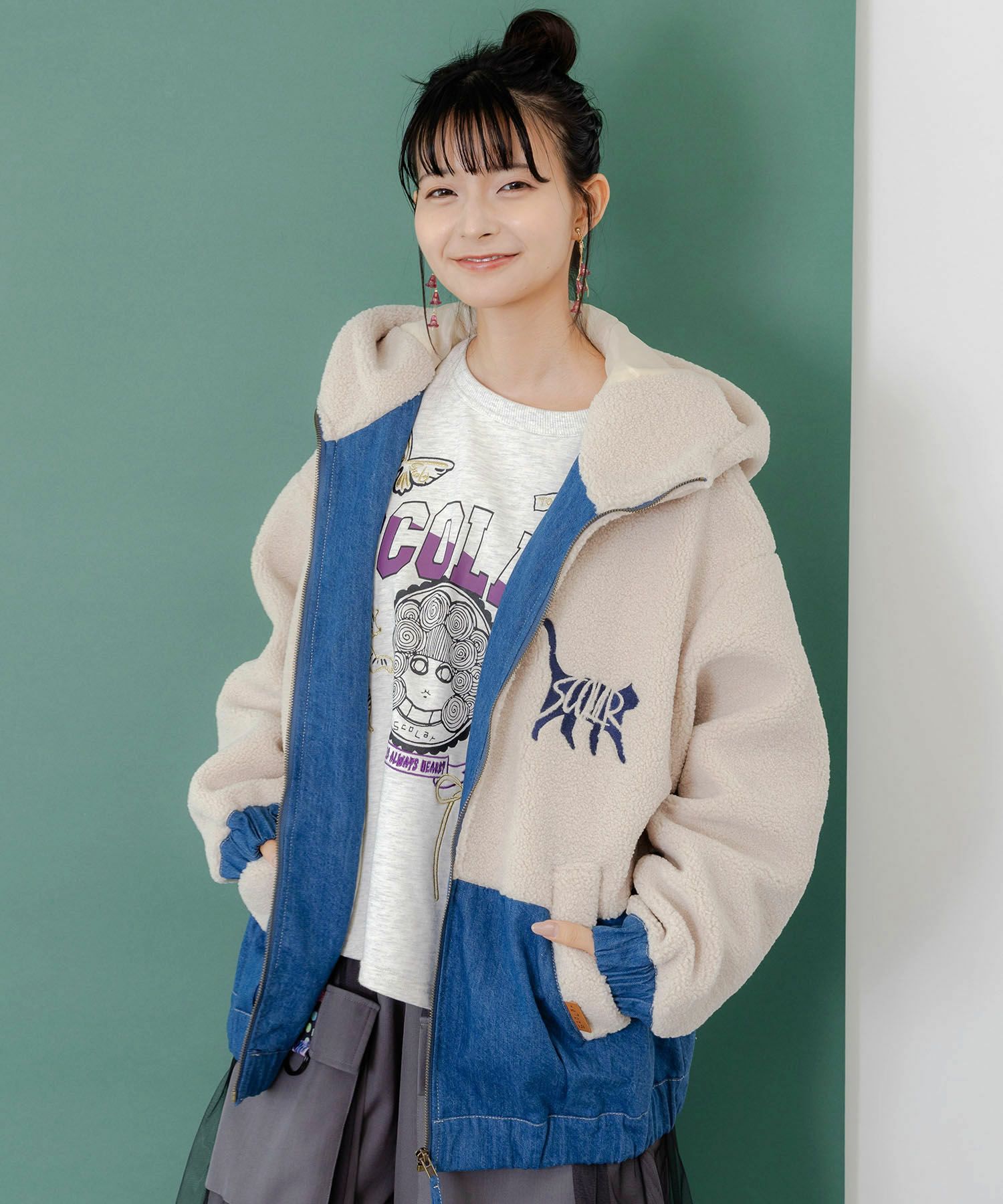 ボア×デニムの異素材切替フード付きブルゾン-1