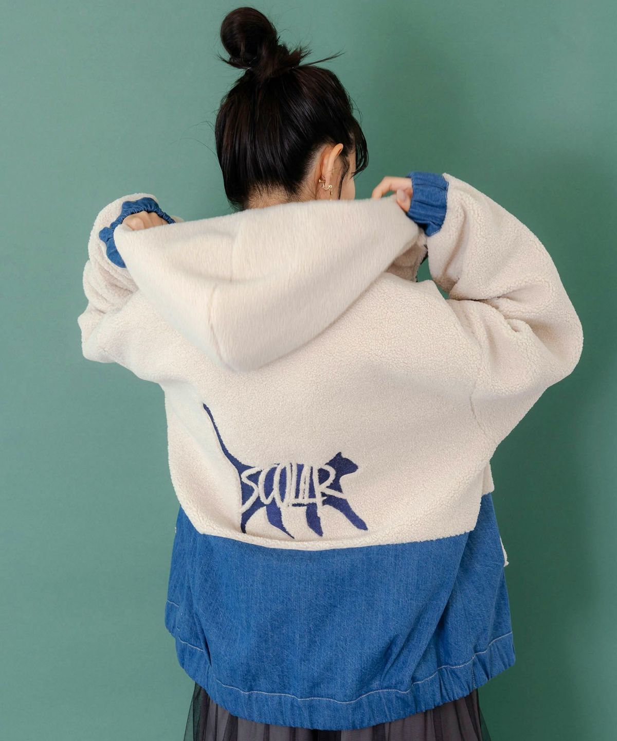 ボア×デニムの異素材切替フード付きブルゾン-5