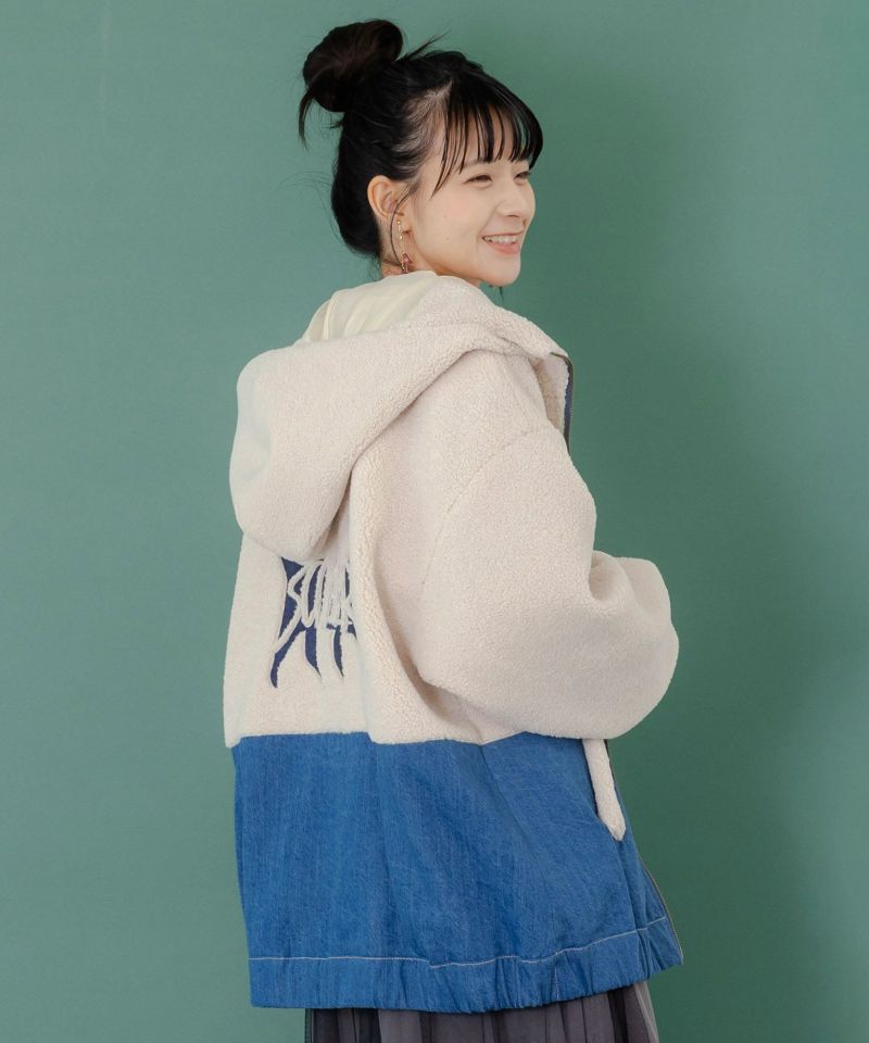 ボア×デニムの異素材切替フード付きブルゾン-6