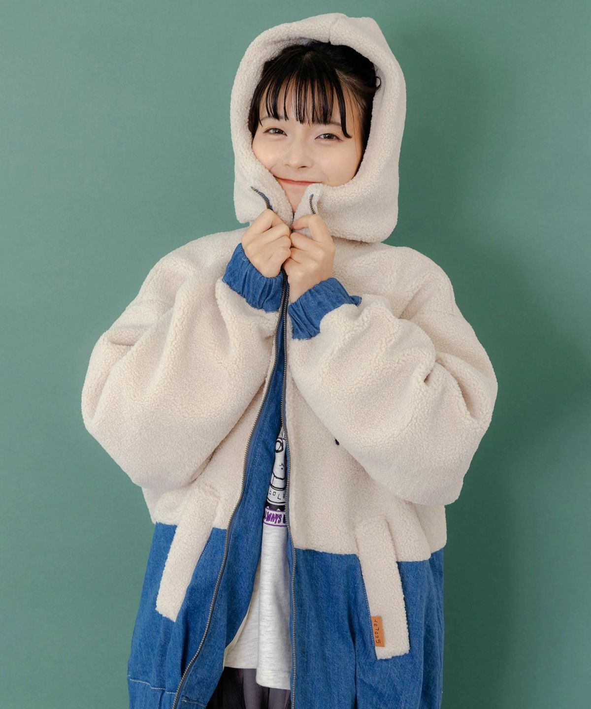 ボア×デニムの異素材切替フード付きブルゾン-7