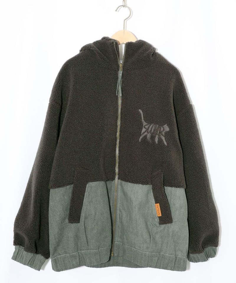 ボア×デニムの異素材切替フード付きブルゾン-9