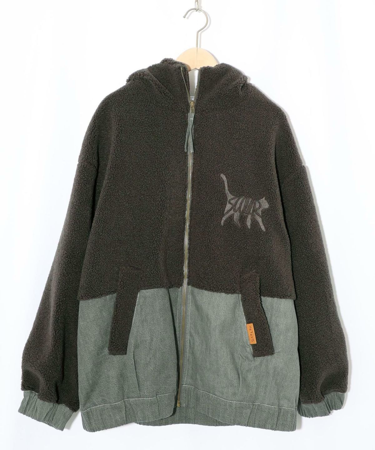 ボア×デニムの異素材切替フード付きブルゾン-9