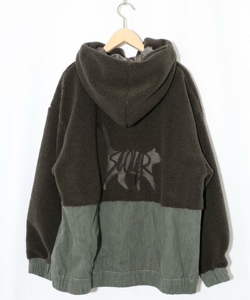 ボア×デニムの異素材切替フード付きブルゾン-10