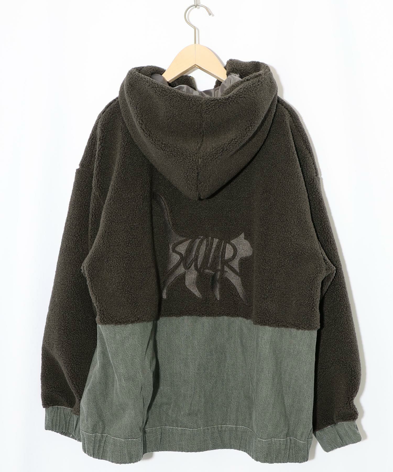 ボア×デニムの異素材切替フード付きブルゾン-10