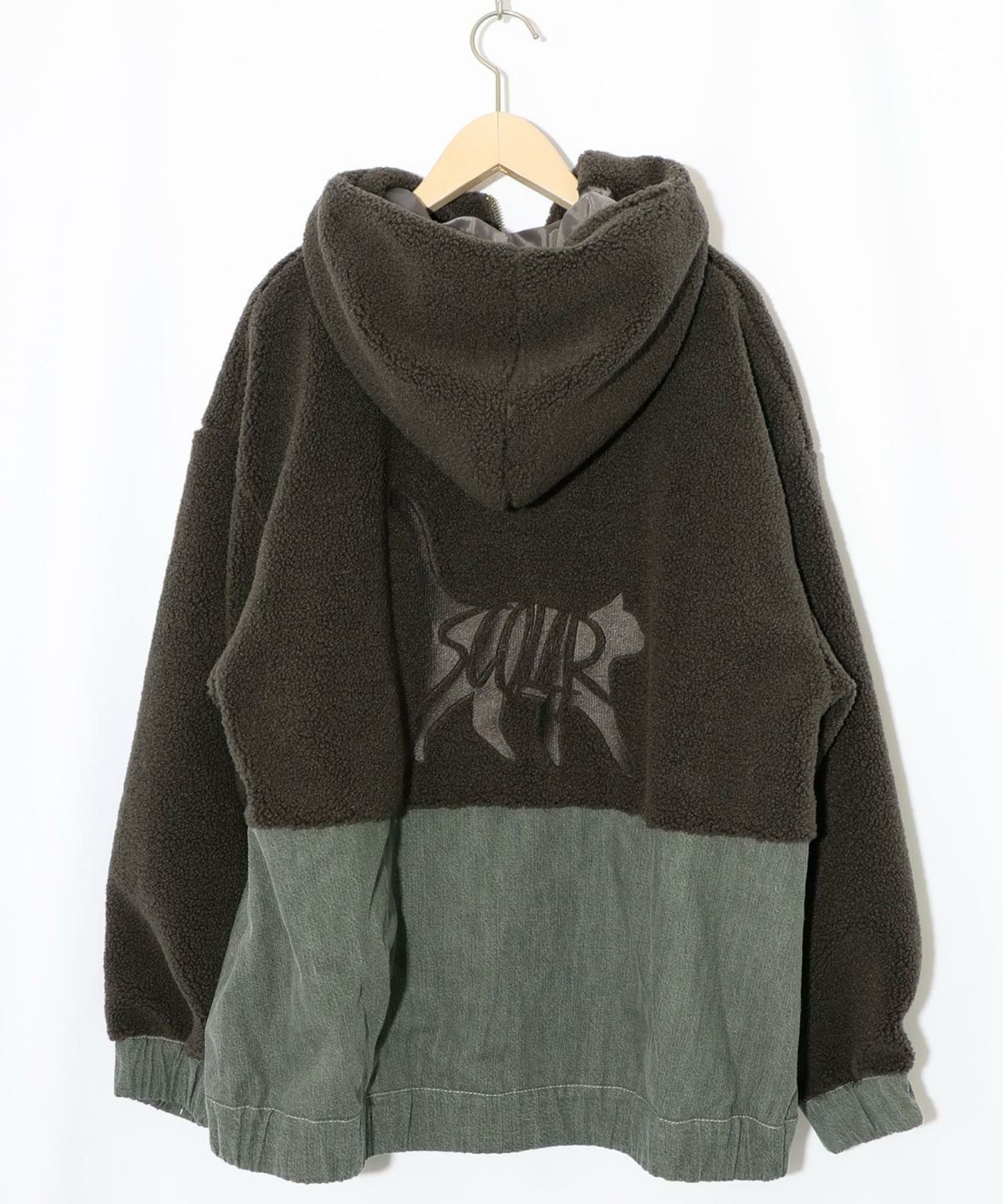 ボア×デニムの異素材切替フード付きブルゾン-10