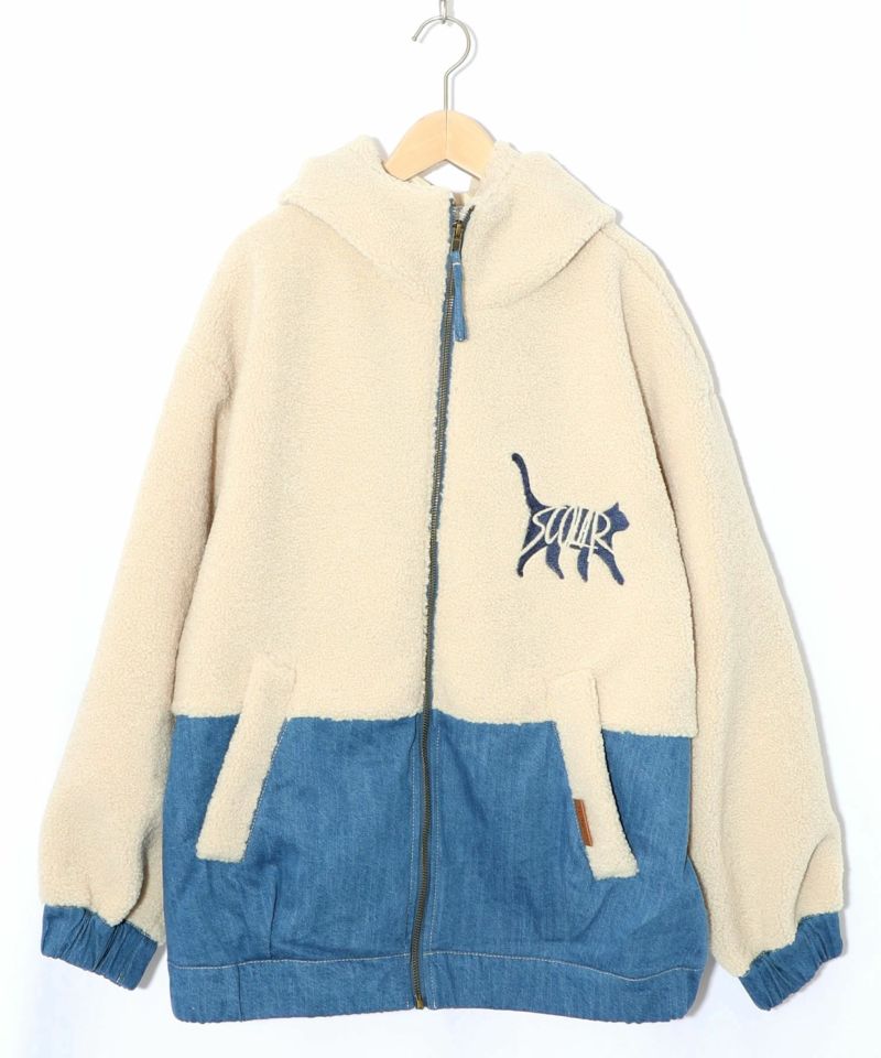 ボア×デニムの異素材切替フード付きブルゾン-12