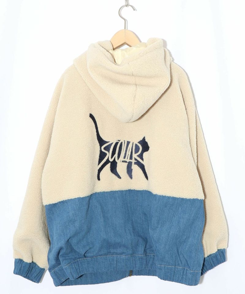 ボア×デニムの異素材切替フード付きブルゾン-13