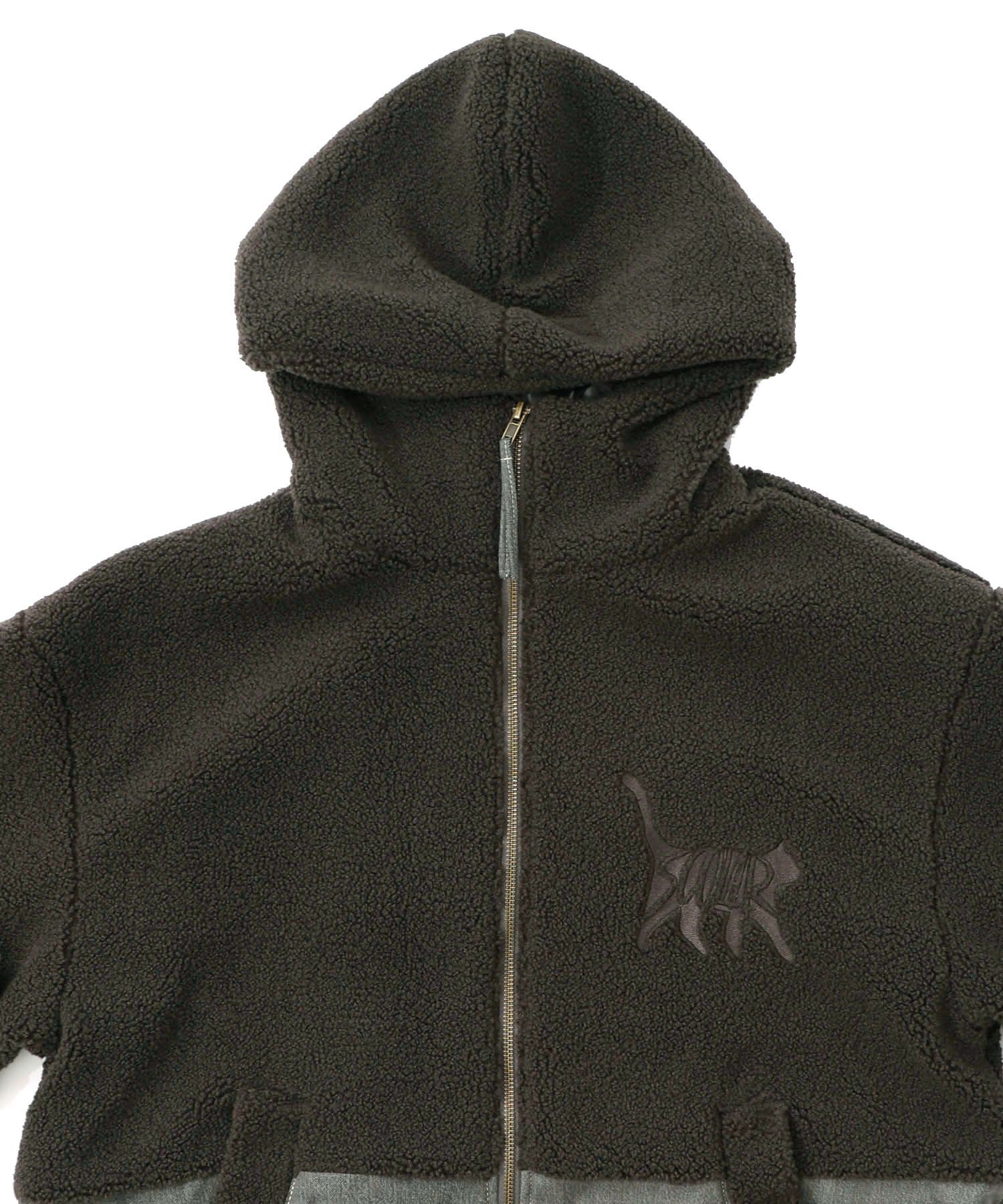 ボア×デニムの異素材切替フード付きブルゾン-15