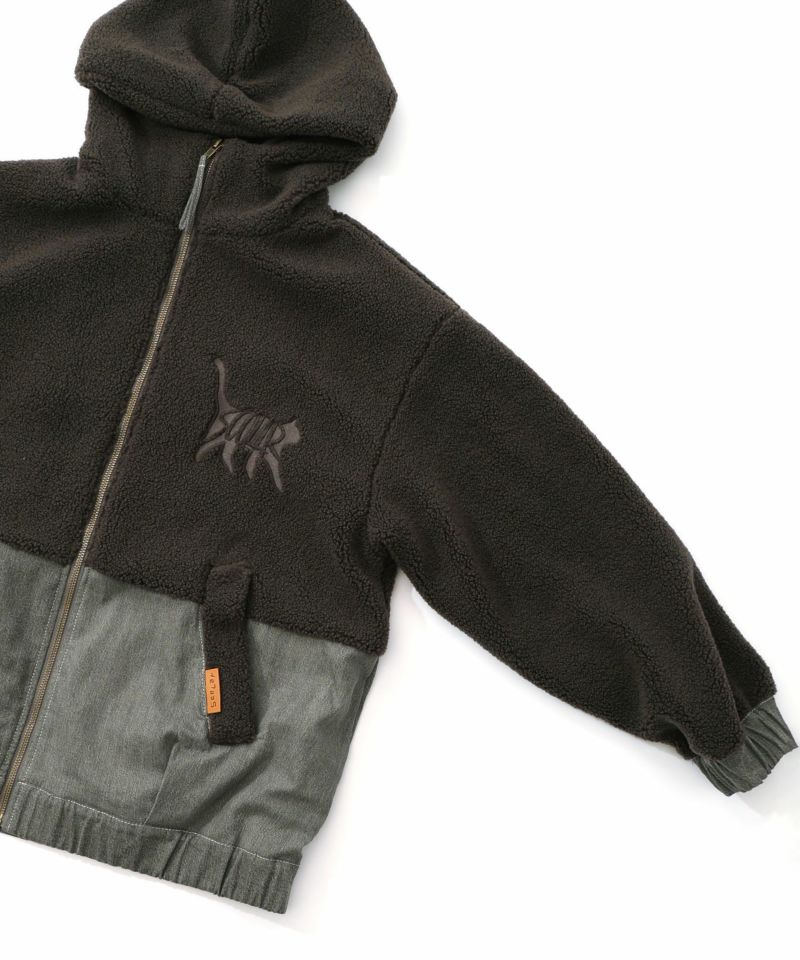 ボア×デニムの異素材切替フード付きブルゾン-16