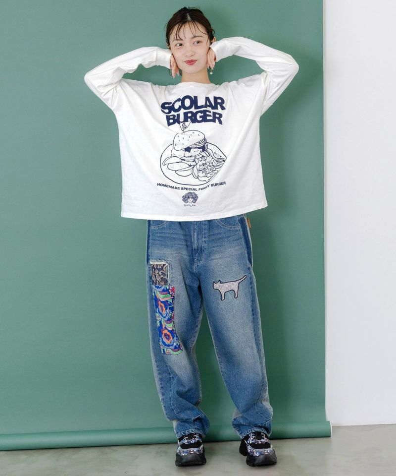 綿×レース異素材アップリケデニムパンツ-2