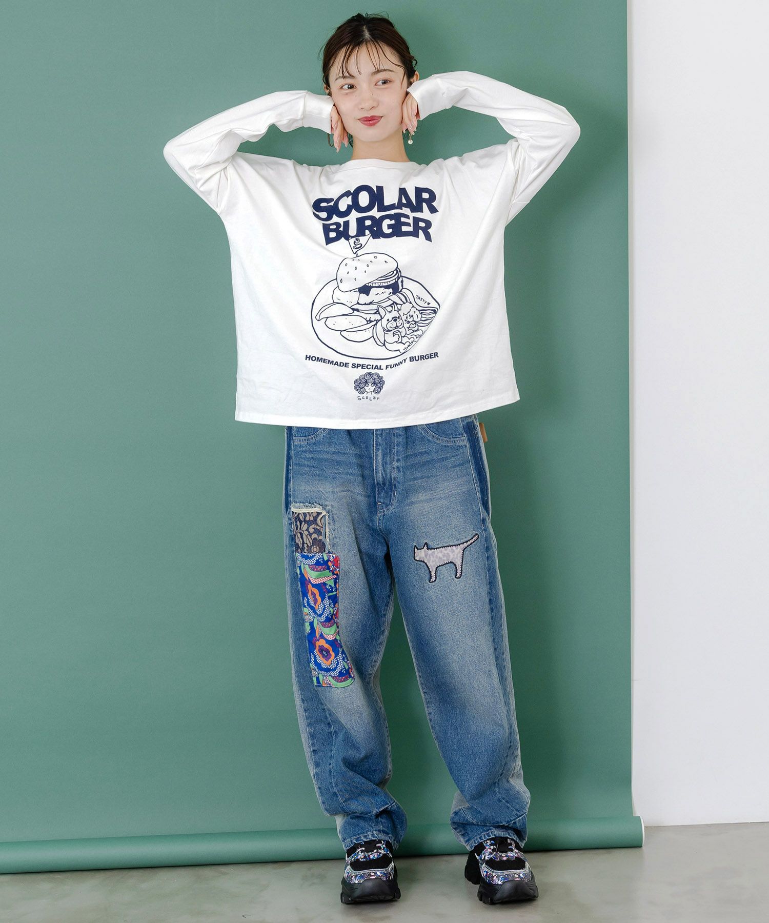 153672：綿×レース異素材アップリケデニムパンツの通販-ScoLar 