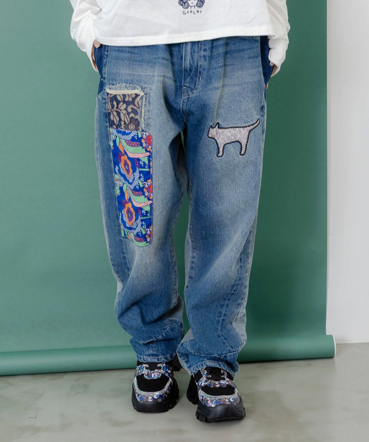 綿×レース異素材アップリケデニムパンツ-3