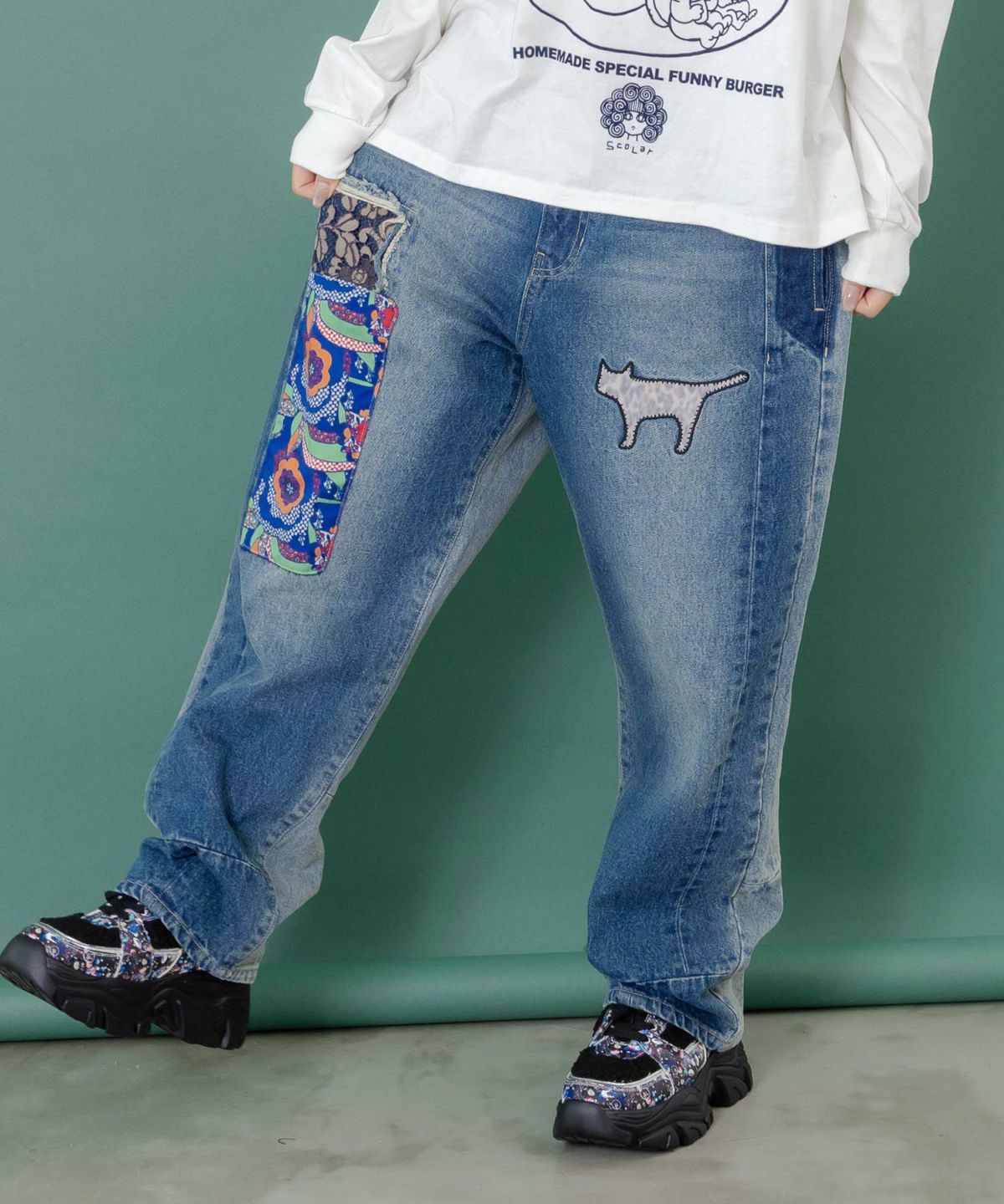 綿×レース異素材アップリケデニムパンツ-4