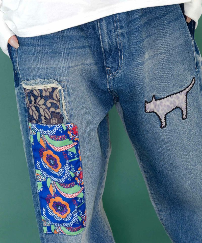 綿×レース異素材アップリケデニムパンツ-7