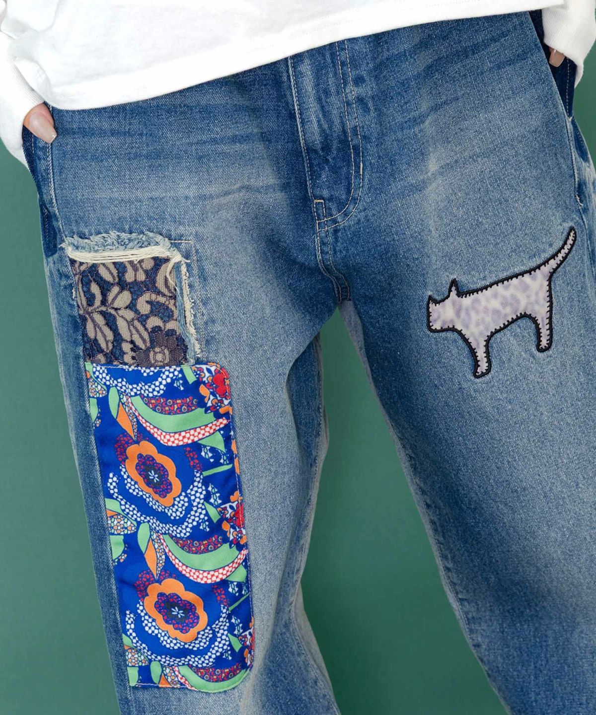 綿×レース異素材アップリケデニムパンツ-7