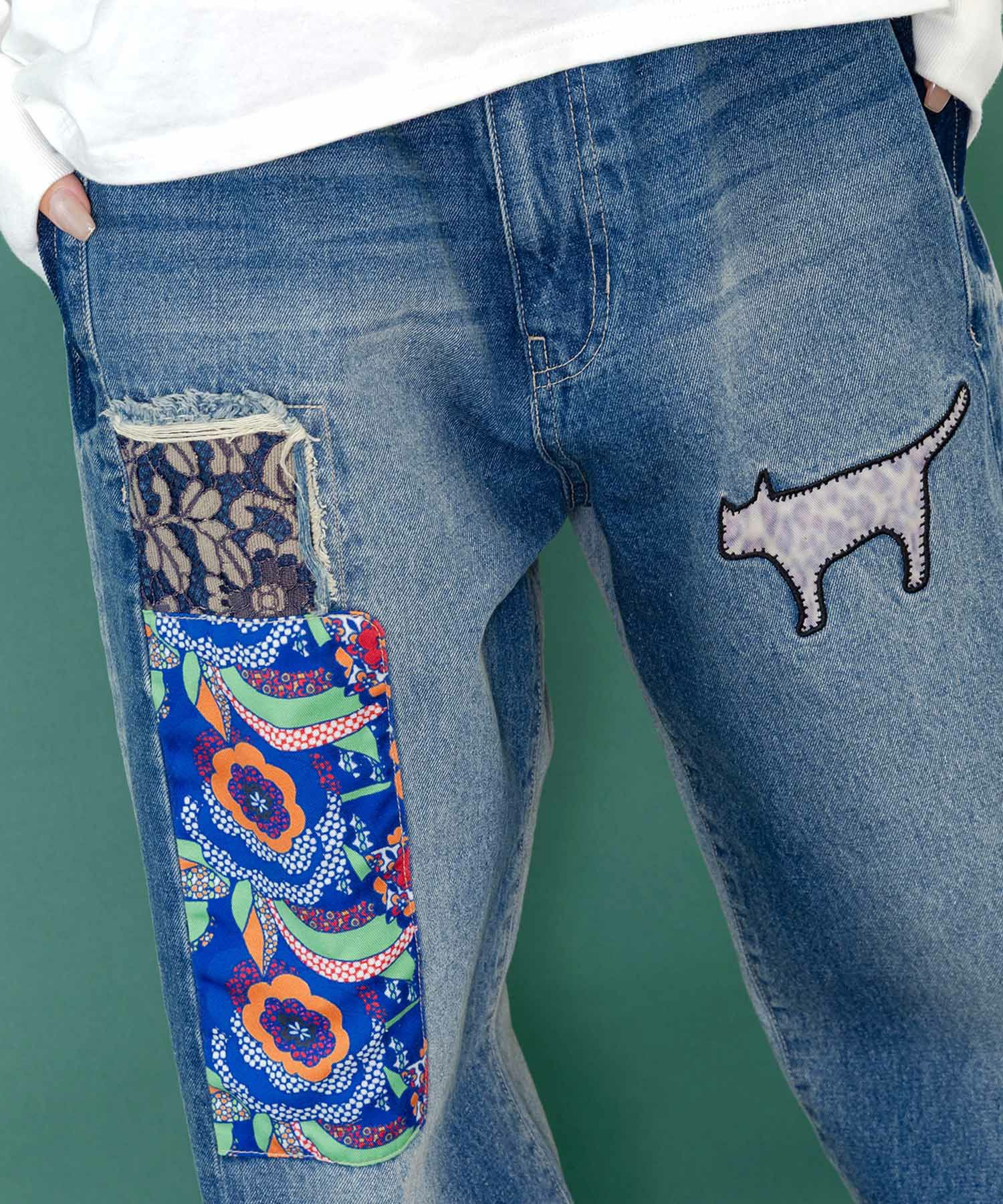 綿×レース異素材アップリケデニムパンツ-7