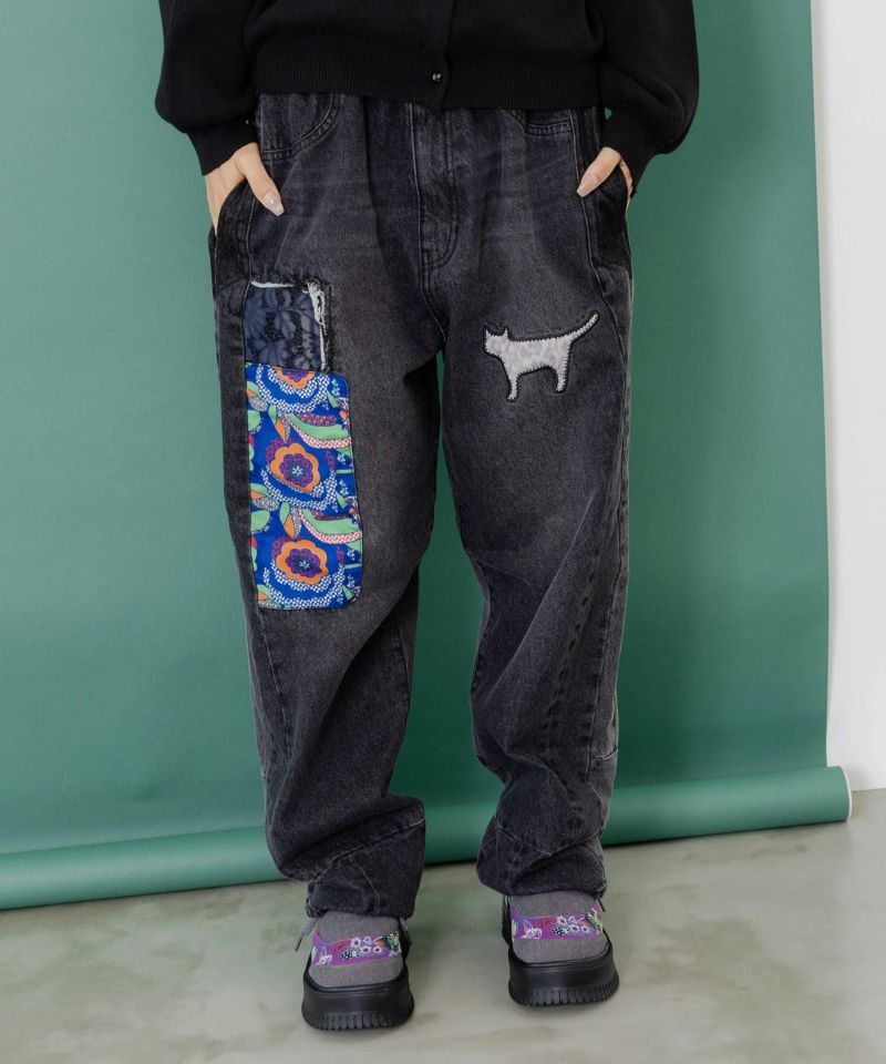 綿×レース異素材アップリケデニムパンツ-9