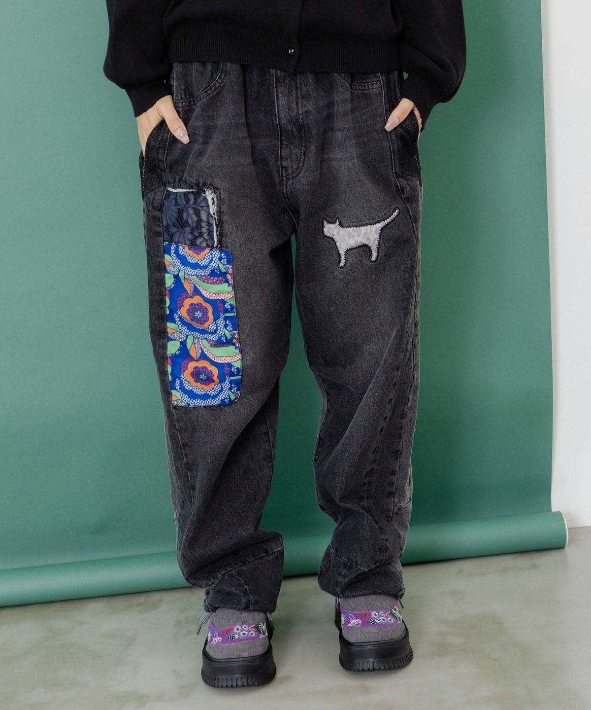 綿×レース異素材アップリケデニムパンツ-9