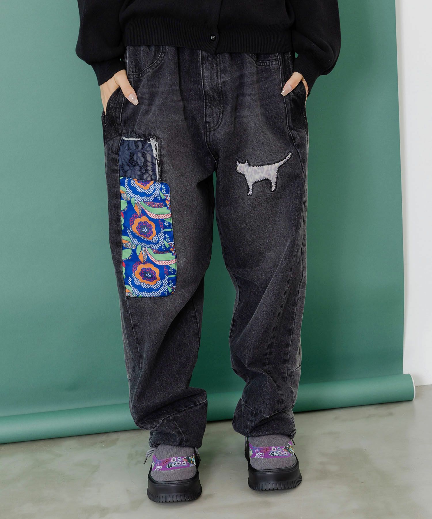 綿×レース異素材アップリケデニムパンツ-9