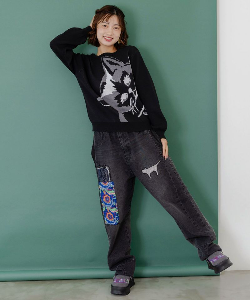 綿×レース異素材アップリケデニムパンツ-10