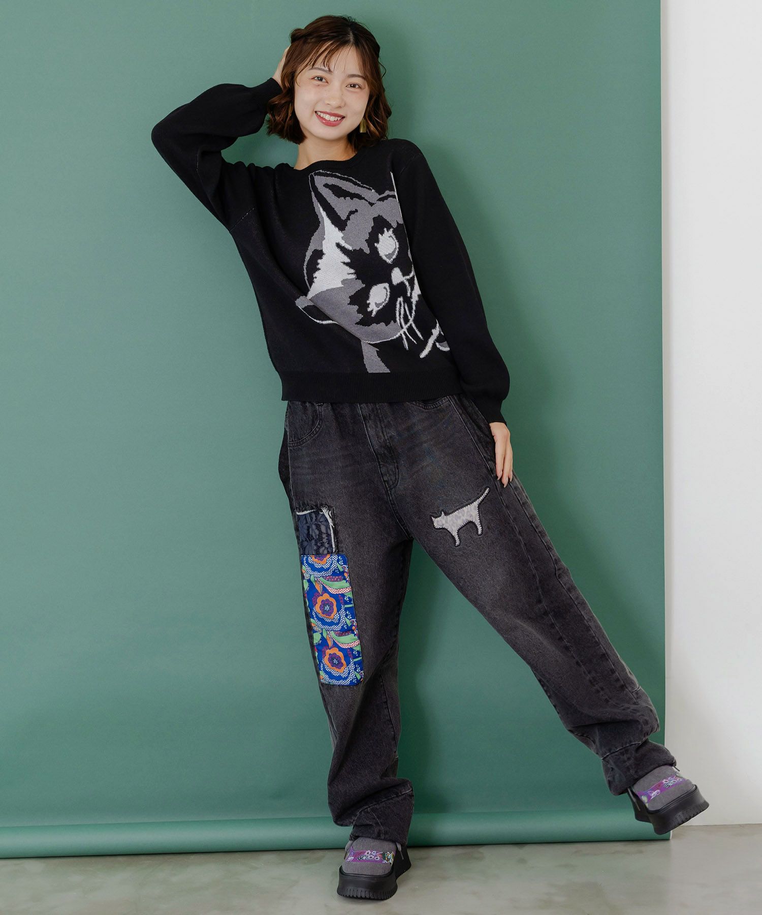 綿×レース異素材アップリケデニムパンツ-10