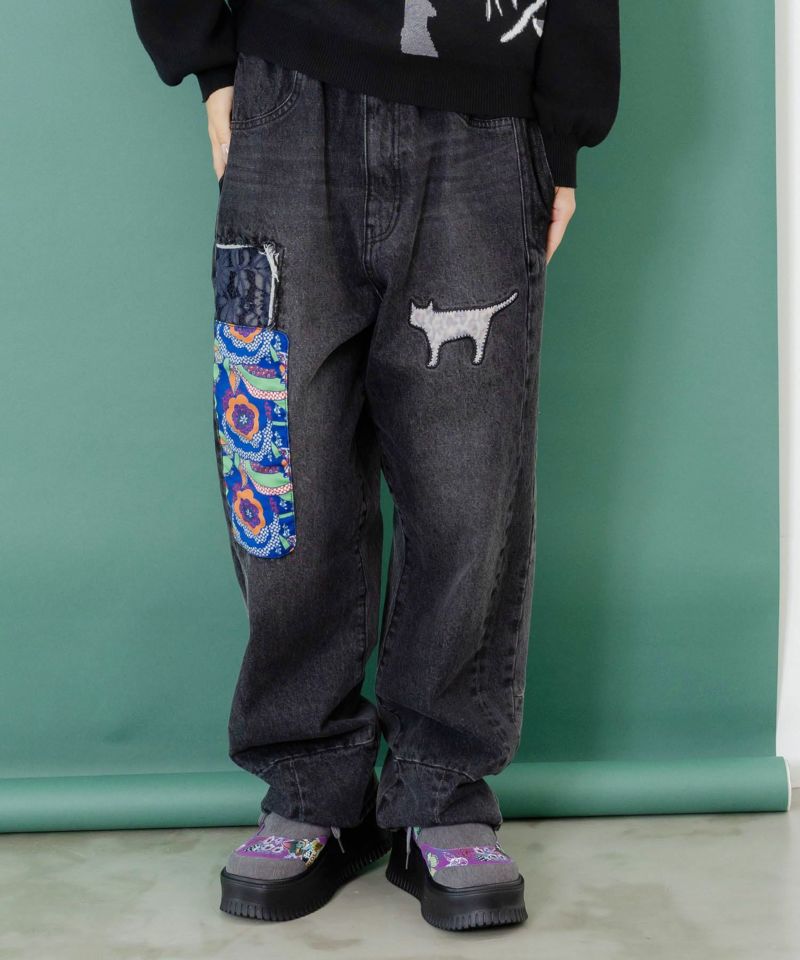 綿×レース異素材アップリケデニムパンツ-11
