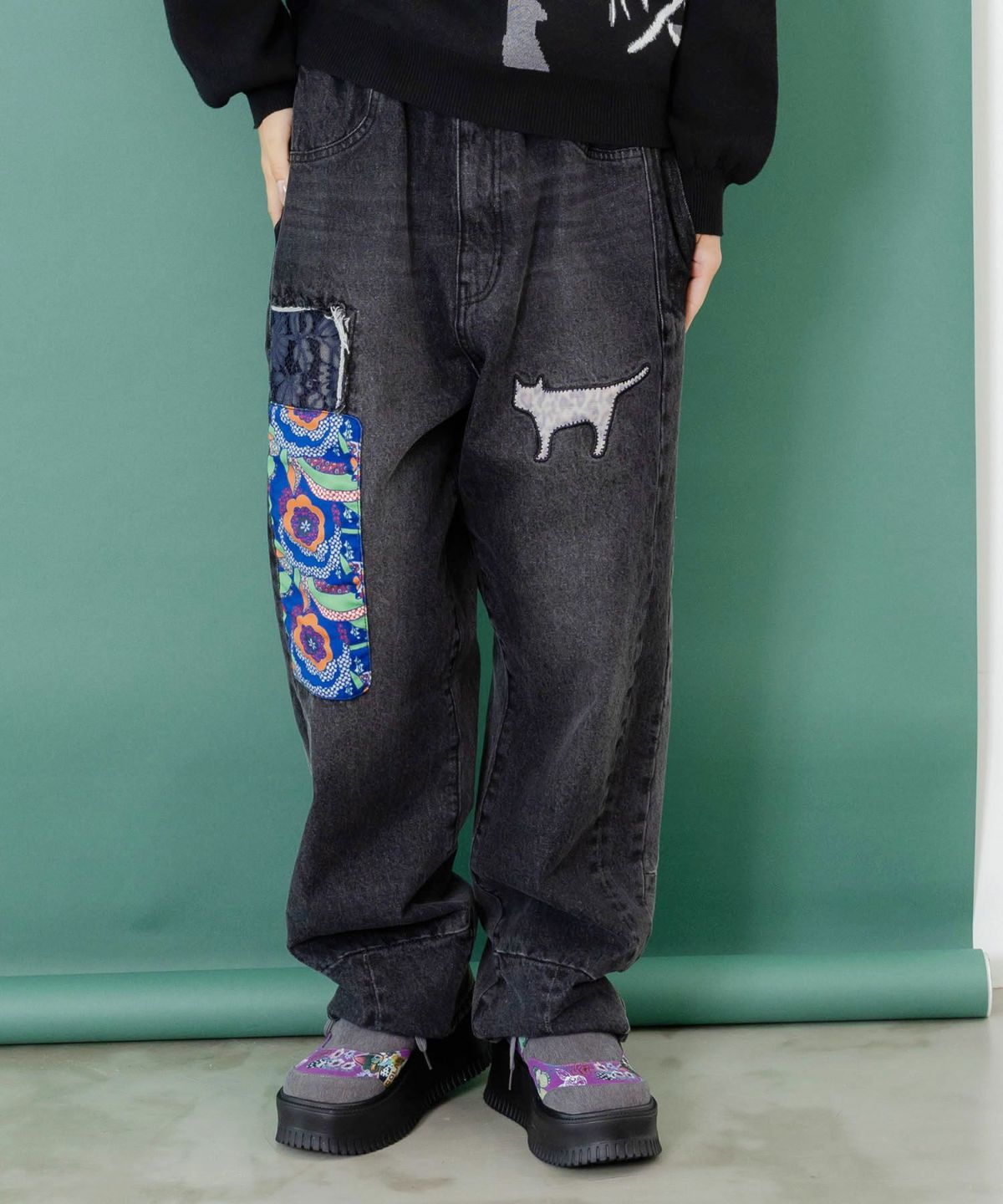 綿×レース異素材アップリケデニムパンツ-11