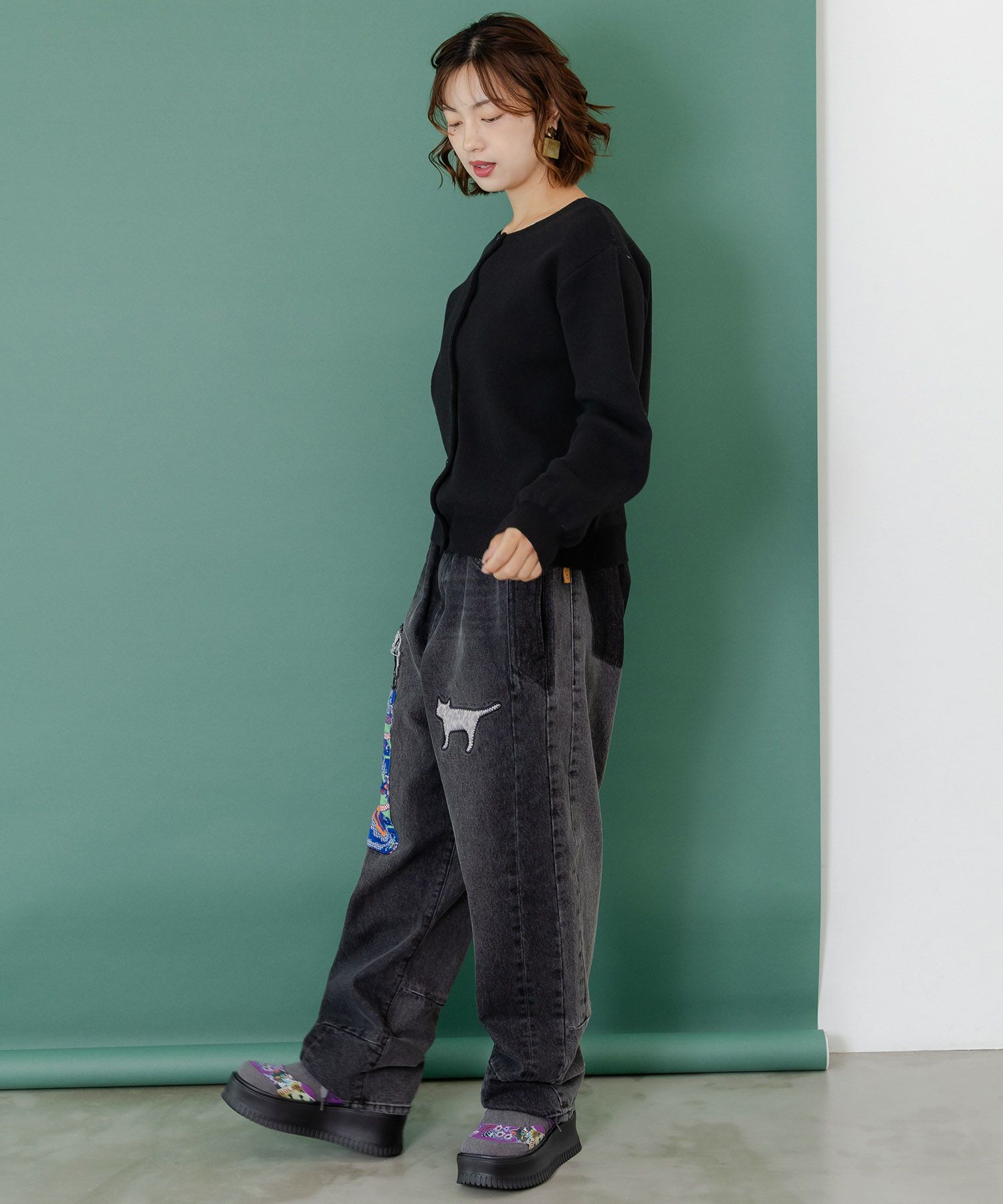 綿×レース異素材アップリケデニムパンツ-12