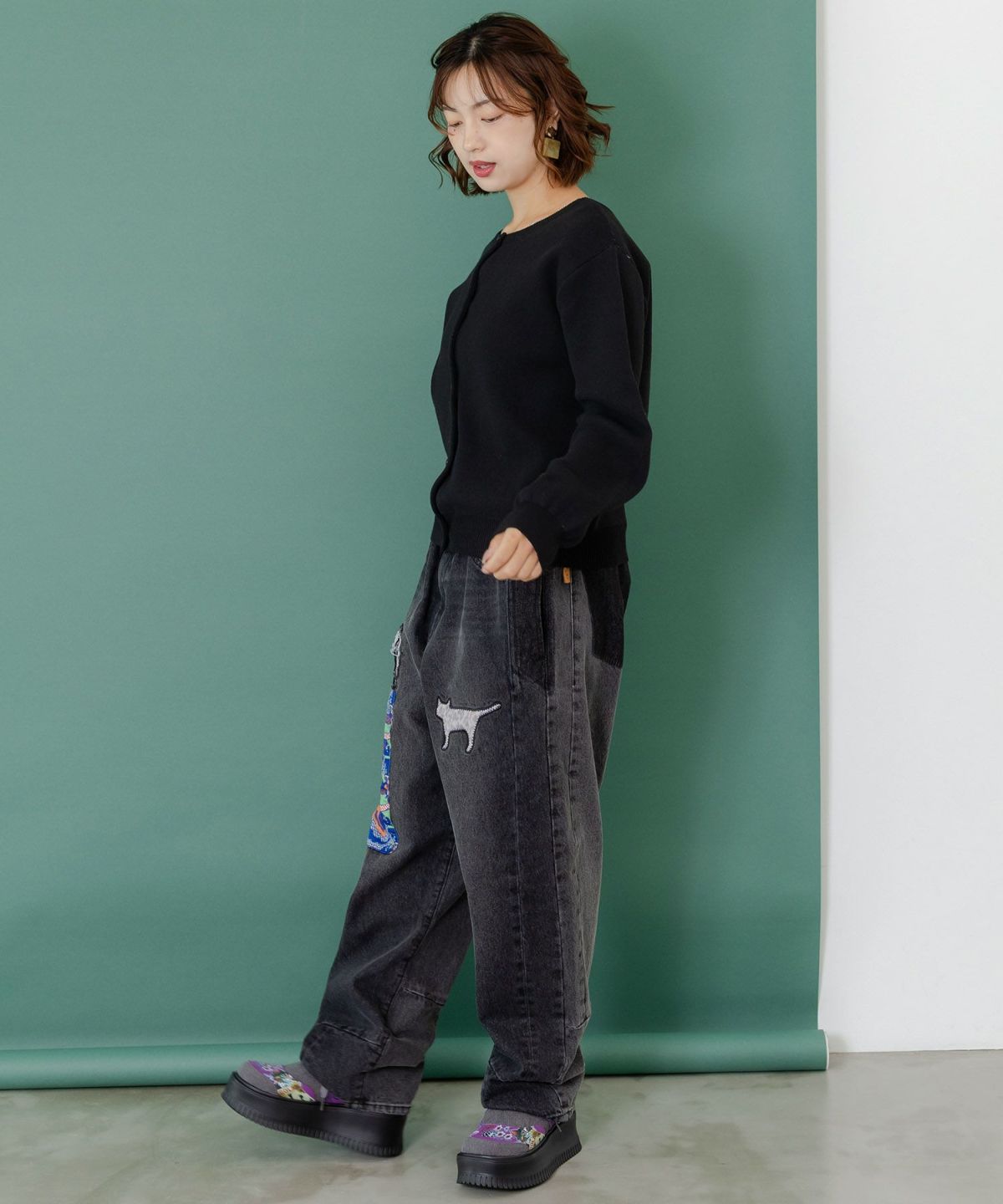 綿×レース異素材アップリケデニムパンツ-12