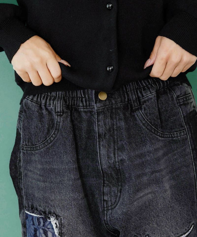 綿×レース異素材アップリケデニムパンツ-14