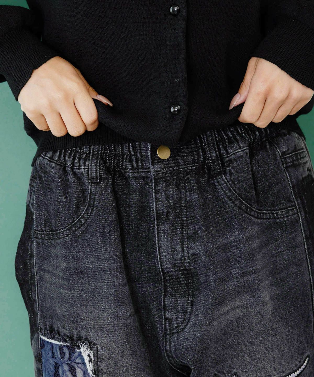 綿×レース異素材アップリケデニムパンツ-14